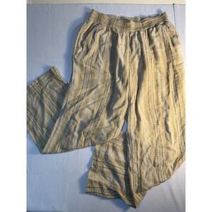 Linen Rayon Boho Pants Womens M Beige Striped Elastic Waist Wide Leg